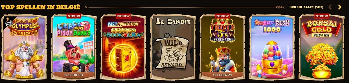 “‘Top spellen in België’ carousel showing slot game tiles: Gates of Olympus Super Scatter, Crack More Piggy Banks, Cash Connection Golden Book of Ra, Le Bandit, Triple 5 Supercharged, Sugar Rush 1000, and Bonsai Gold Hold & Win, with ‘Nieuw’ tags and ‘Bekijk alles (503)’.”
