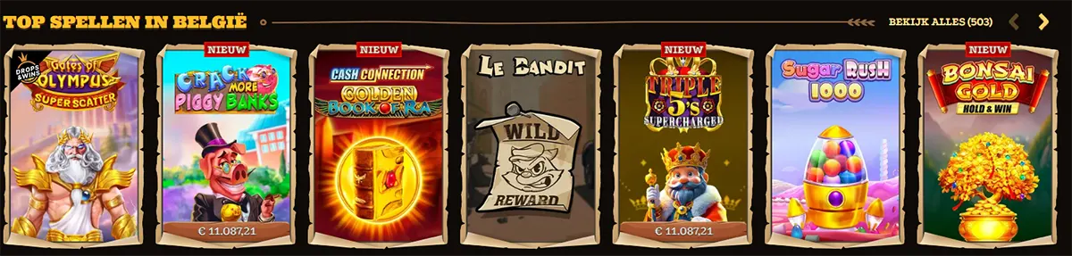 “‘Top spellen in België’ carousel showing slot game tiles: Gates of Olympus Super Scatter, Crack More Piggy Banks, Cash Connection Golden Book of Ra, Le Bandit, Triple 5 Supercharged, Sugar Rush 1000, and Bonsai Gold Hold & Win, with ‘Nieuw’ tags and ‘Bekijk alles (503)’.”