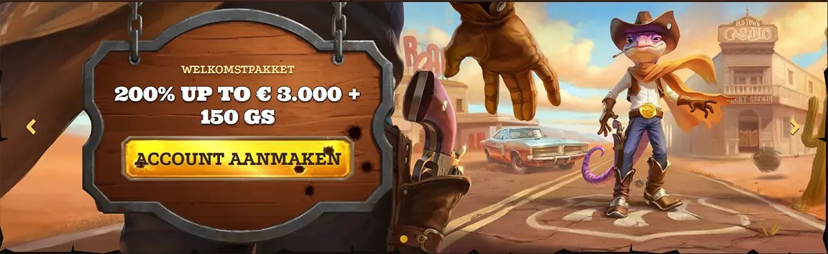“Western-themed promo banner with a wooden sign reading ‘Welkomstpakket 200% up to €3.000 + 150 GS’ and a yellow ‘Account aanmaken’ button, set in a dusty desert town with a cartoon cowboy lizard character.”