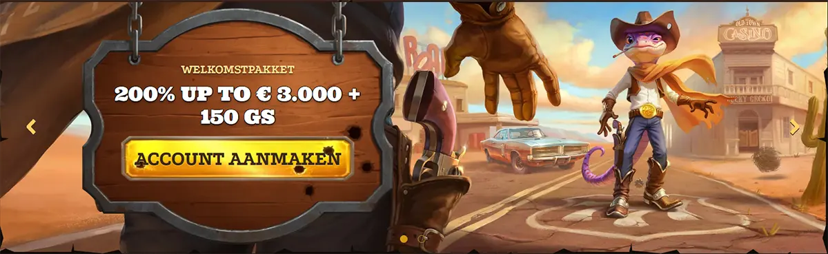 “Western-themed promo banner with a wooden sign reading ‘Welkomstpakket 200% up to €3.000 + 150 GS’ and a yellow ‘Account aanmaken’ button, set in a dusty desert town with a cartoon cowboy lizard character.”