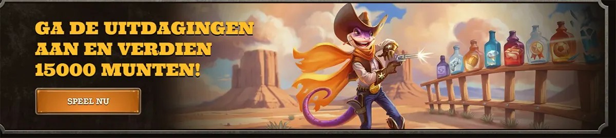 “Dutch Western-style challenge banner reading ‘Ga de uitdagingen aan en verdien 15000 munten!’ with a ‘Speel nu’ button, showing a cartoon cowboy lizard in a desert saloon setting with bottles on a shelf.”