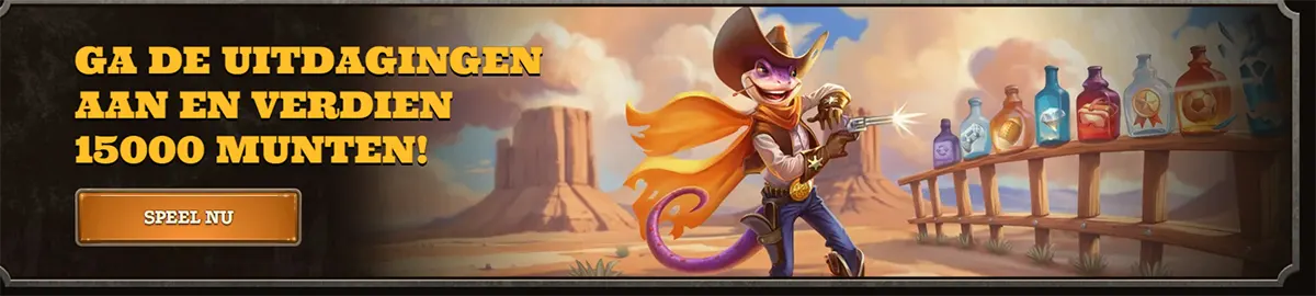 “Dutch Western-style challenge banner reading ‘Ga de uitdagingen aan en verdien 15000 munten!’ with a ‘Speel nu’ button, showing a cartoon cowboy lizard in a desert saloon setting with bottles on a shelf.”