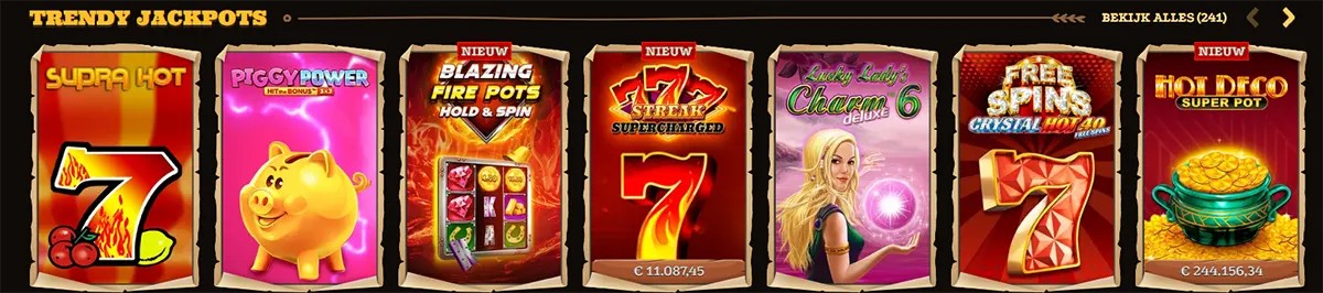 Trendy Jackpots carousel showing slot tiles: Supra Hot, Piggy Power, Blazing Fire Pots Hold & Spin (Nieuw), 777 Streak Supercharged (Nieuw), Lucky Lady’s Charm Deluxe 6, Free Spin Crystal Hot 40, and Hot Deco Super Pot (Nieuw), with “Bekijk alles (241)” navigation.