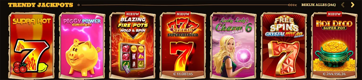 Trendy Jackpots carousel showing slot tiles: Supra Hot, Piggy Power, Blazing Fire Pots Hold & Spin (Nieuw), 777 Streak Supercharged (Nieuw), Lucky Lady’s Charm Deluxe 6, Free Spin Crystal Hot 40, and Hot Deco Super Pot (Nieuw), with “Bekijk alles (241)” navigation.